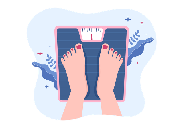 Mujer midiendo peso en báscula  Ilustración