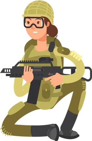 Mujer soldado militar con rifle  Ilustración