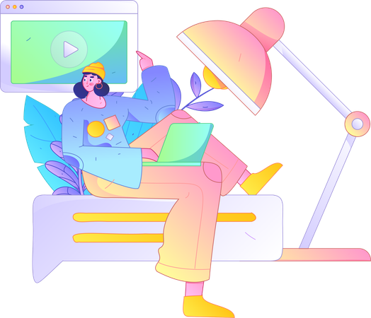 Mujer mira videos en línea para aprender de ellos  Ilustración