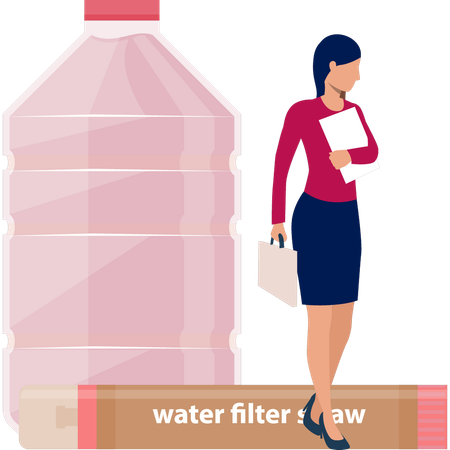 Mujer mirando la botella del filtro de agua  Ilustración