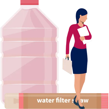 Mujer mirando la botella del filtro de agua  Ilustración