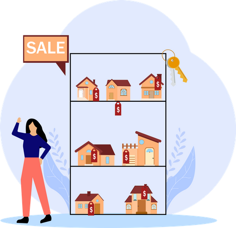 Mujer mirando casa en venta  Ilustración