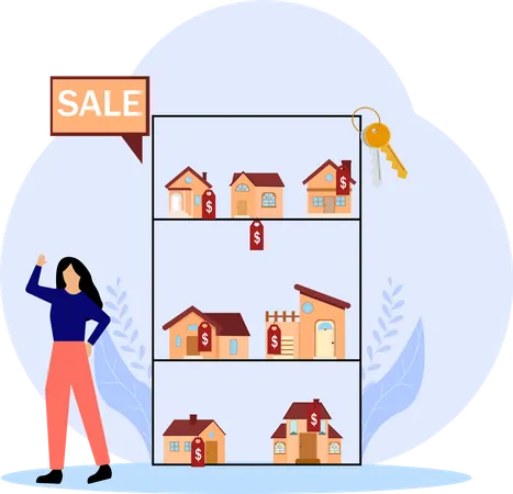 Mujer mirando casa en venta  Ilustración