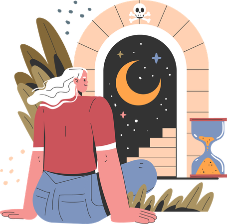 Mujer mirando el cielo nocturno  Ilustración