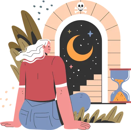 Mujer mirando el cielo nocturno  Ilustración