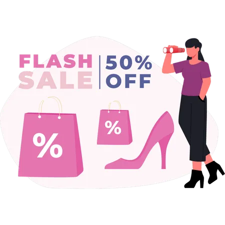 Mujer mirando flash venta 50 por ciento  Illustration