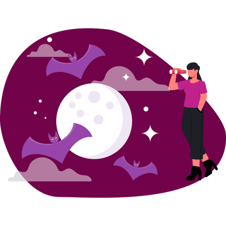 Mujer mirando la luna de Halloween  Ilustración