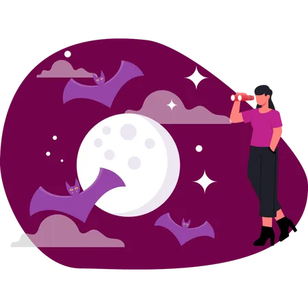 Mujer mirando la luna de Halloween  Ilustración