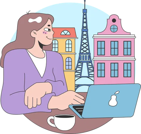 Mujer mirando la Torre Eiffel desde la cafetería  Ilustración