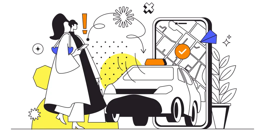 Concepto Web De Reserva De Taxis En Diseno De Contorno Plano Con Caracter Mujer Buscando Auto Y Pidiendo Taxi Rastreando Ruta En El Mapa En Linea En Aplicacion Movil Escena De Personas Ilustracion Vectorial Ilustración