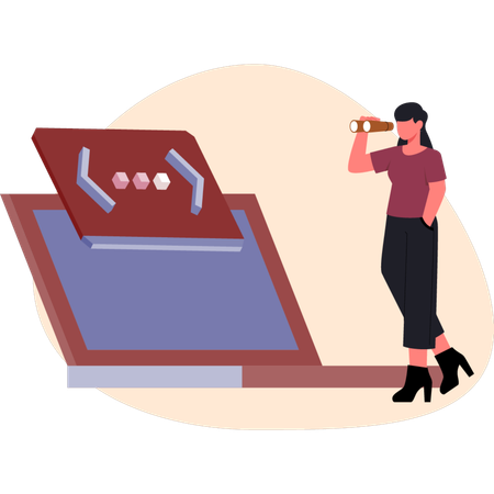 Mujer mirando una computadora portátil en 3D  Ilustración