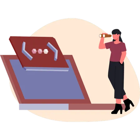 Mujer mirando una computadora portátil en 3D  Ilustración