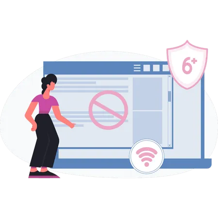 Mujer mirando un sitio web prohibido  Ilustración