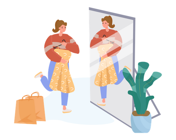 Mujer mirando vestido en el espejo  Ilustración
