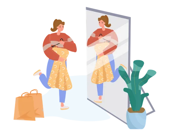 Mujer mirando vestido en el espejo  Ilustración