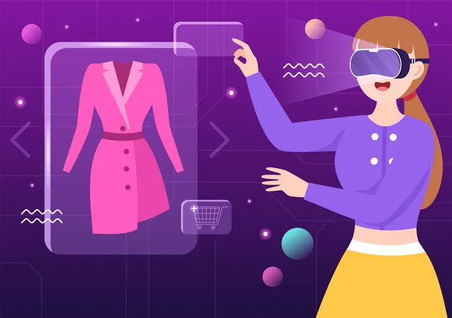 Mujer mirando vestido en tecnología virtual  Ilustración