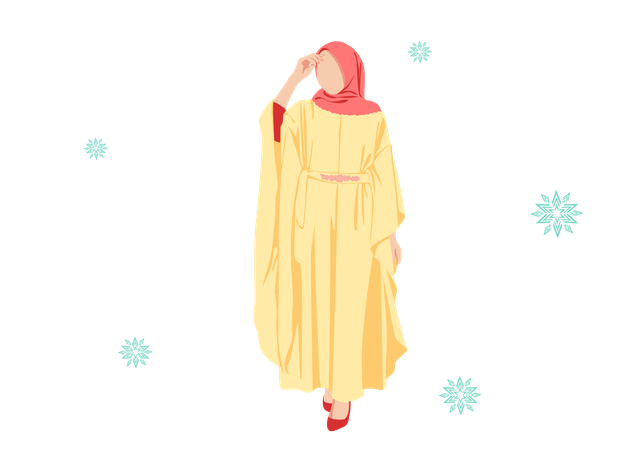 Mujer abaya moda combinación amarilla y roja.  Ilustración