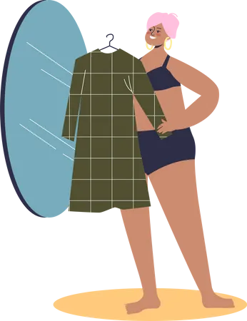 Modelo de mujer probándose vestido frente al espejo  Ilustración