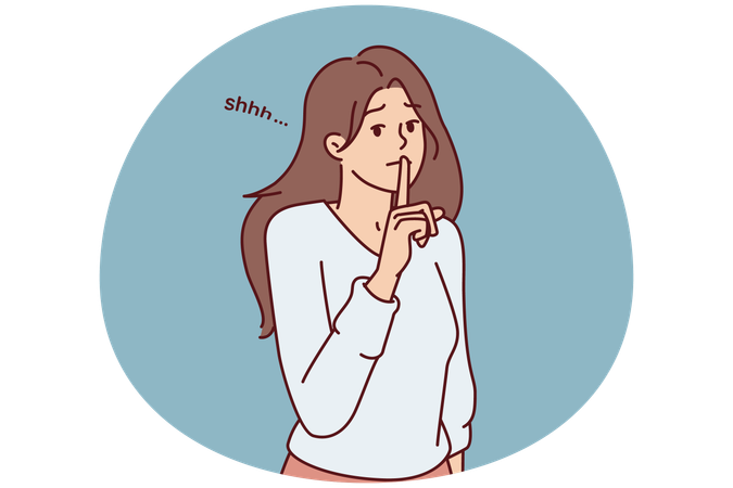 La mujer modesta se lleva el dedo a los labios queriendo guardar un secreto o tranquilizar a su interlocutor.  Ilustración