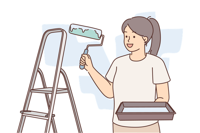 Mujer molar con rodillo para pintar paredes se encuentra cerca de la escalera haciendo reparaciones en el apartamento  Ilustración