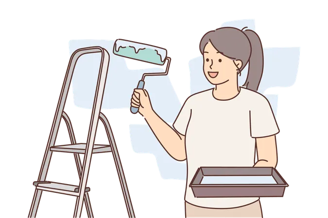 Mujer molar con rodillo para pintar paredes se encuentra cerca de la escalera haciendo reparaciones en el apartamento  Ilustración