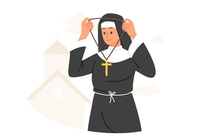 Una monja con sotana religiosa lleva una cadena con una cruz cristiana mientras va a adorar en la iglesia  Ilustración