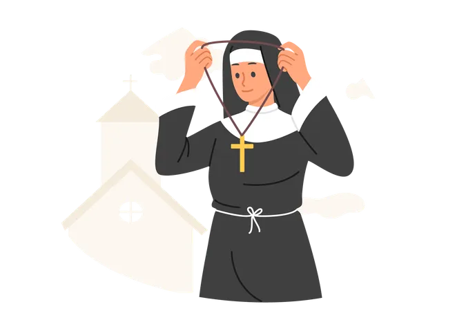 Una monja con sotana religiosa lleva una cadena con una cruz cristiana mientras va a adorar en la iglesia  Ilustración