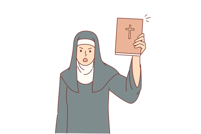 Una monja de la iglesia muestra la Sagrada Biblia en estado de shock y jura por violaciones de las reglas de conducta.  Ilustración
