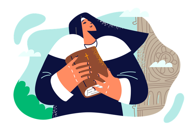 La monja está sosteniendo el libro de la Biblia  Ilustración
