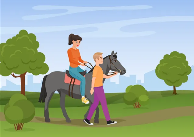 Mujer montando a caballo con hombre  Ilustración