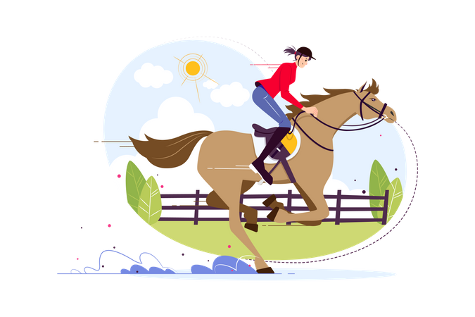 Mujer montando a caballo en carrera de caballos  Ilustración