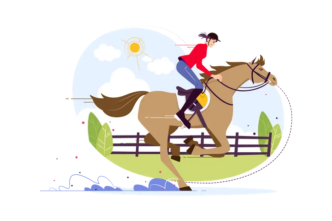 Mujer montando a caballo en carrera de caballos  Ilustración