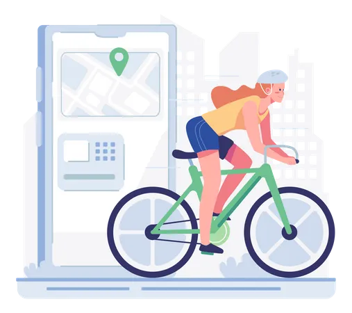 Mujer montando bicicleta de alquiler  Ilustración