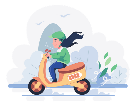 Mujer montando scooter ev  Ilustración