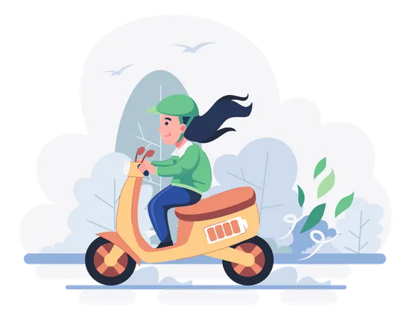 Mujer montando scooter ev  Ilustración
