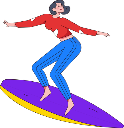 Mujer montando tabla de surf  Ilustración