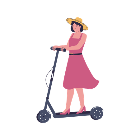 Mujer montando un scooter eléctrico  Ilustración