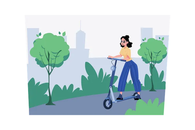 Mujer Montando Vehículo Electrónico Scooter  Ilustración