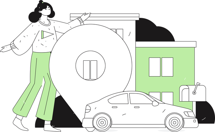 Mujer mostrando al taxista el lugar de entrega  Ilustración