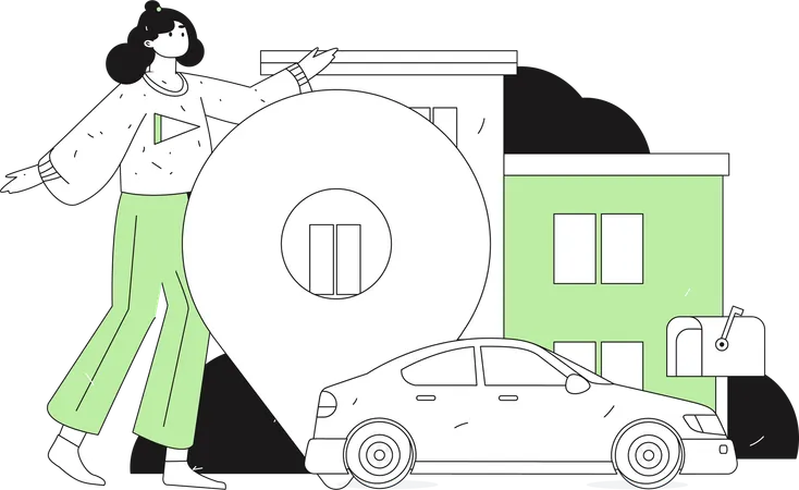 Mujer mostrando al taxista el lugar de entrega  Ilustración