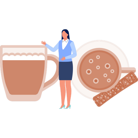 Mujer mostrando bebidas de café.  Ilustración