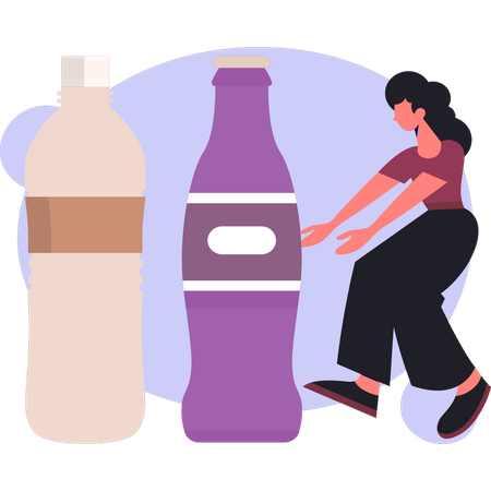 Mujer mostrando botellas de bebidas frías  Illustration