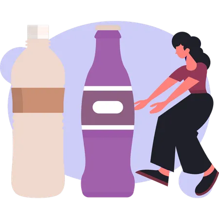 Mujer mostrando botellas de bebidas frías  Illustration