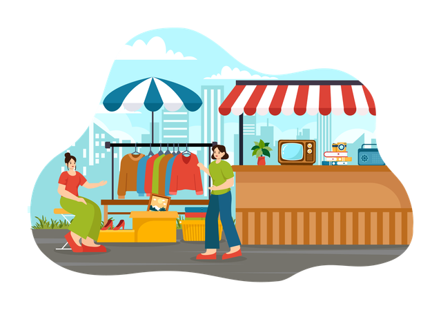 Mujer mostrando camiseta al cliente  Ilustración
