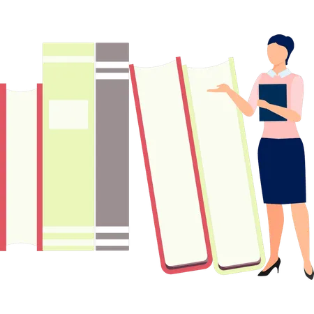 Mujer mostrando diferentes libros  Ilustración