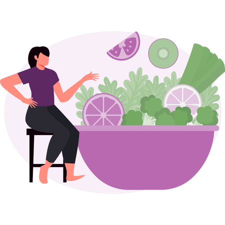 Mujer mostrando ensalada de verduras  Ilustración