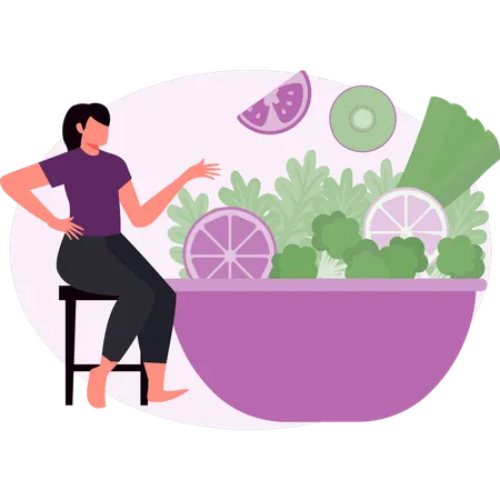 Mujer mostrando ensalada de verduras  Ilustración