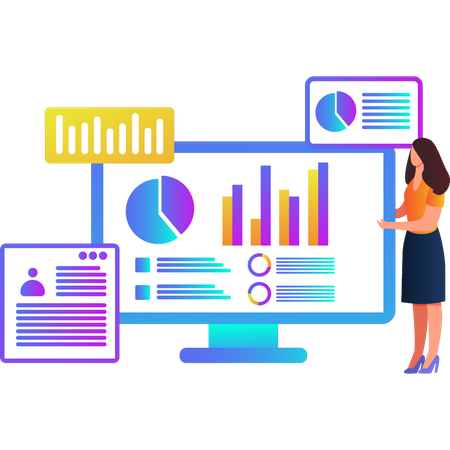 Mujer mostrando un gráfico circular de negocios en el monitor  Ilustración