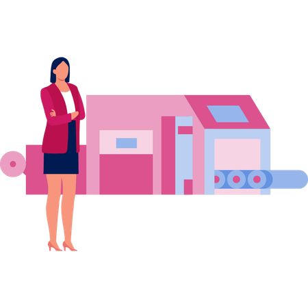 Mujer mostrando infografía de máquina de construcción  Illustration
