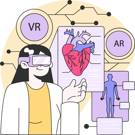 Mujer mostrando informe médico usando vidrio vr  Ilustración